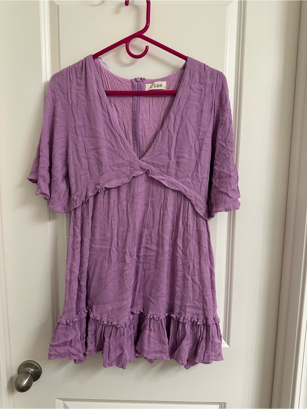 Lavender Crinkle V-Neck Mini Dress with Ruffle Hem